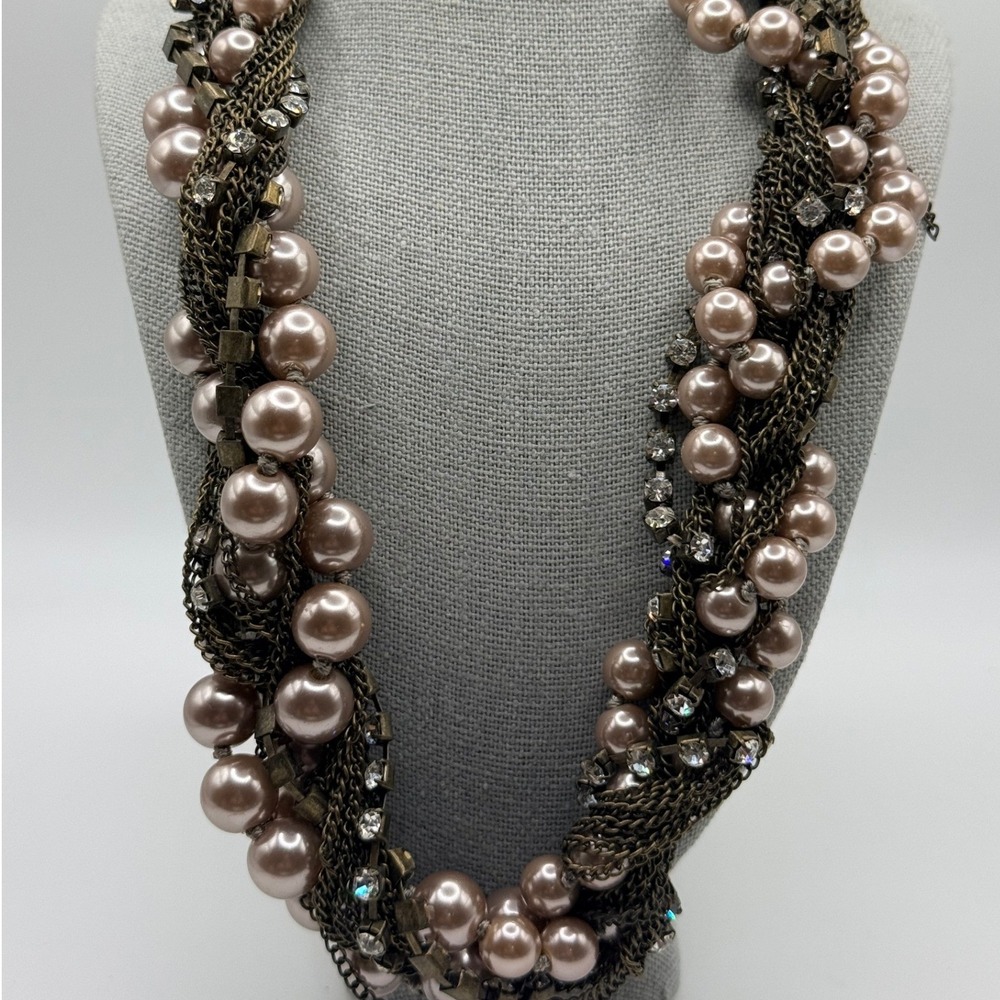 J Crew Pink Faux Pearl Crystal Multi Strand Statement Necklace Brass Tone 16in